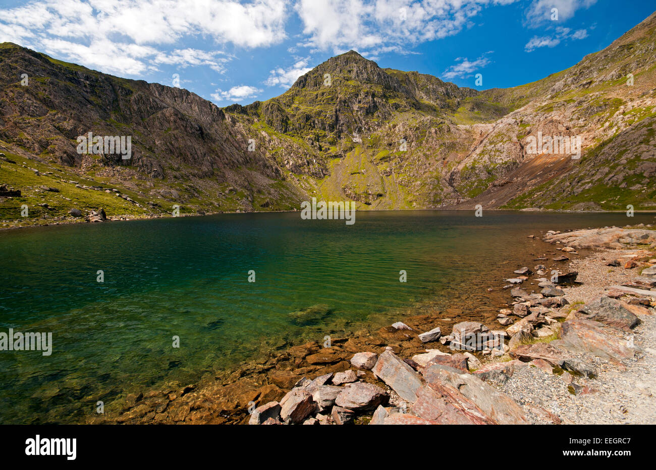 Glaslyn from the Miners Track, with the pointed peak of Snowdon in the Snowdonia National Park. Stock Photo