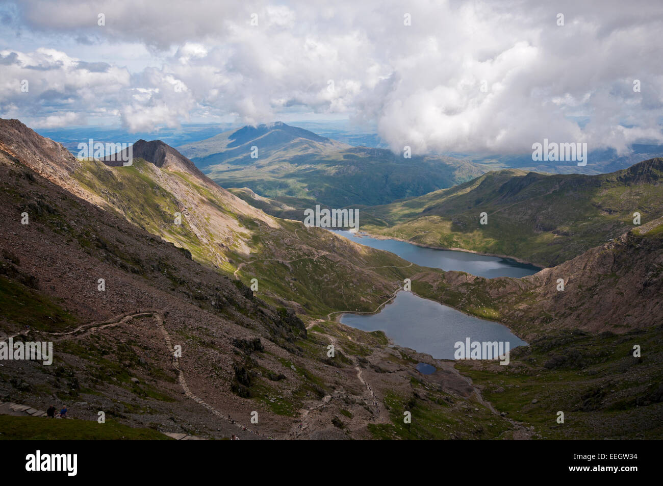 Glaslyn and Llyn LLydaw viewed from Snowdon in the Snowdonia National Park. Stock Photo