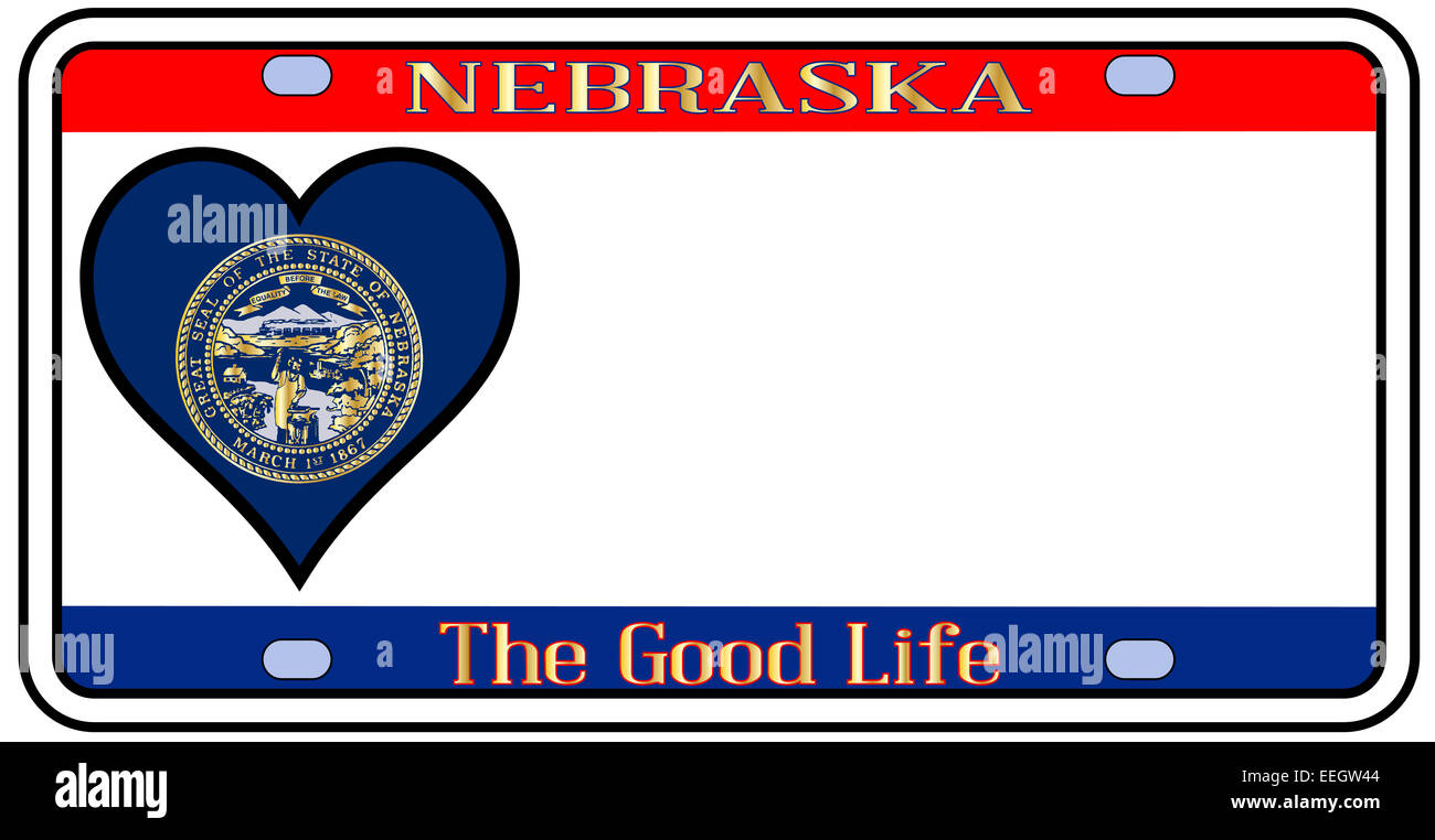 Nebraska state license plate in the colors of the state flag with the