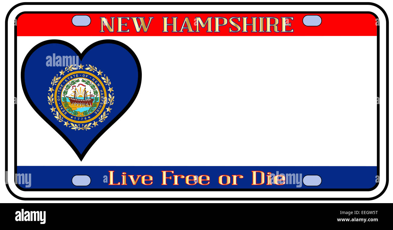 New Hampshire license plate in the colors of the state flag with the flag icons over a white background Stock Photo
