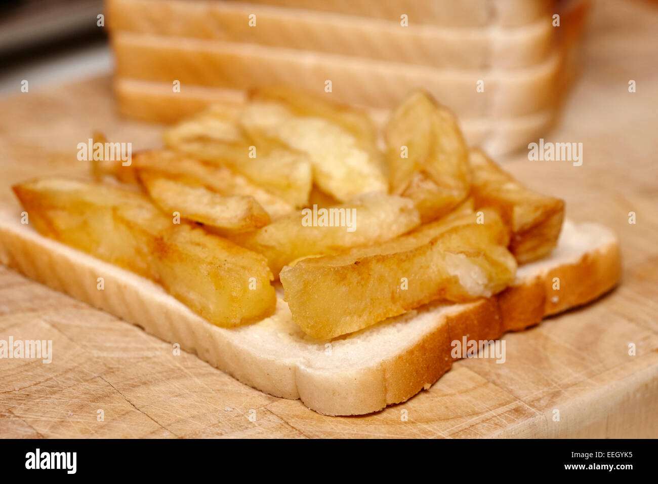chip butty on buttered white bread Stock Photo