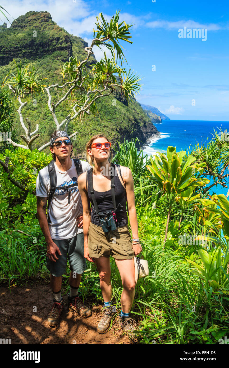 Hikers on the Kalalau Trail Stock Photo