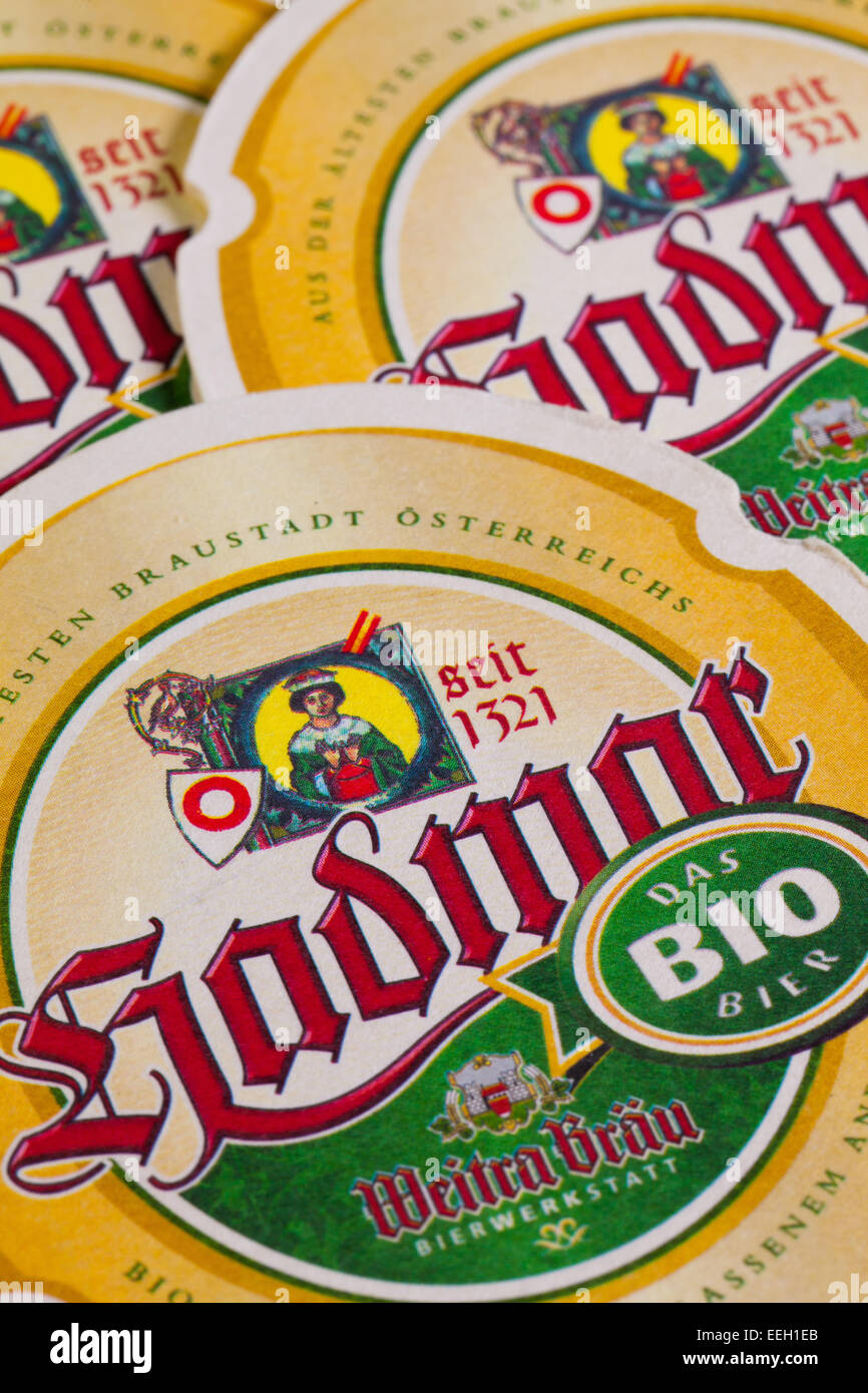 GERMANY,DRESDEN - September 20,2014:Beermats from Hadmar Beer. It is brewed in Austrias oldest beer city Weitra. Stock Photo