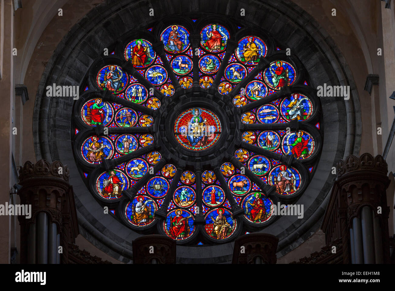 Rose Window and stained glass window in cathedral of Notre Dame de Tournai Stock Photo