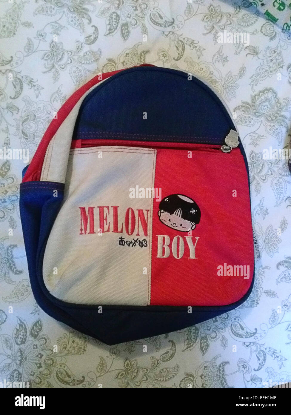 A 'Melon Boy' character backpack displayed at an apartment sale in New York on Saturday, January 17, 2015 . (© Richard B. Levine) Stock Photo