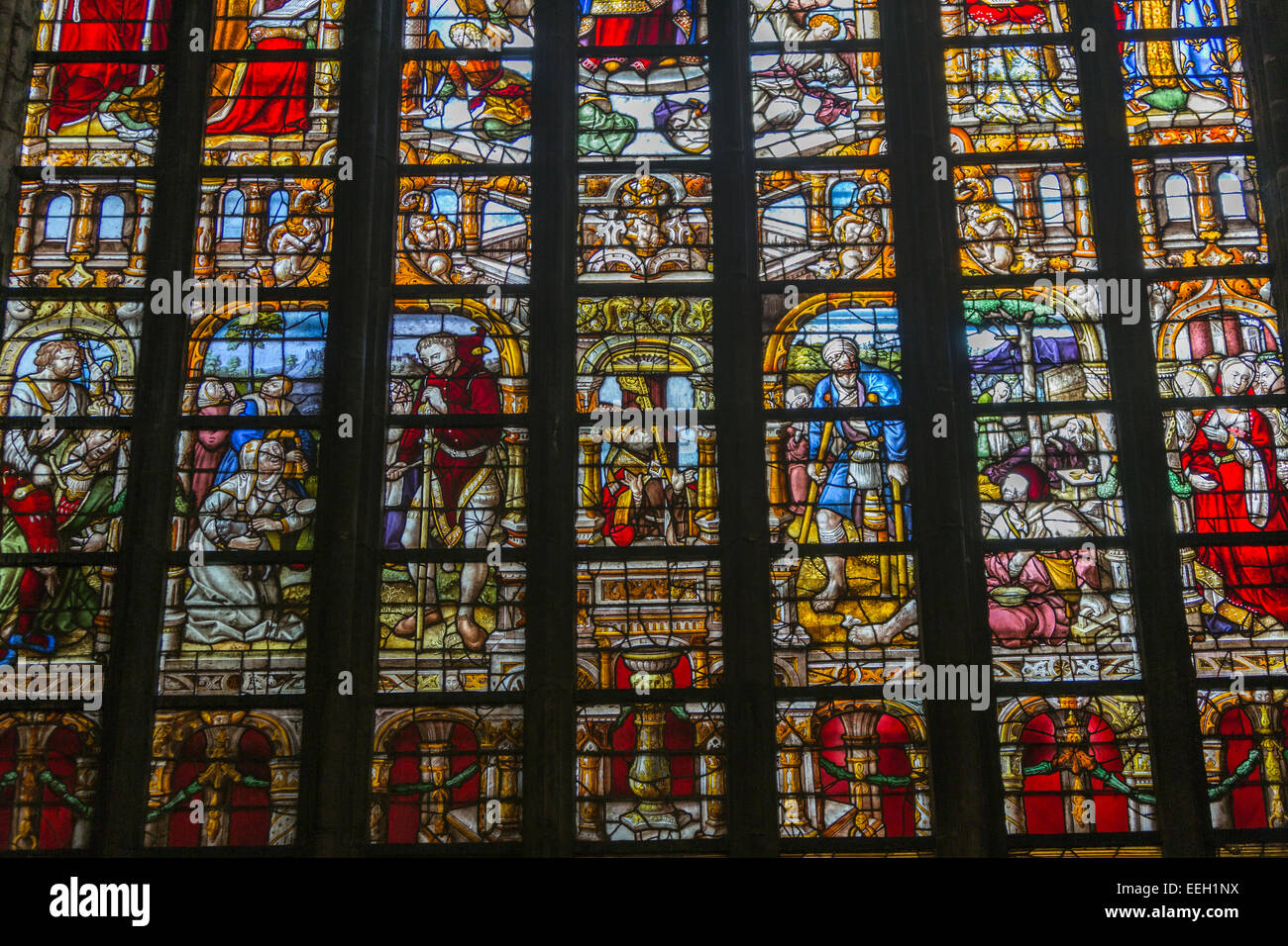 Stained glass window in cathedral of Notre Dame de Tournai,  Wallonia, Hainaut, Belgium Stock Photo