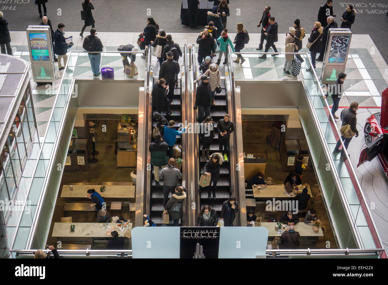Escalators leading to the lower level where Whole Foods is located at the Time Warner Center in New York on Sunday, January 11, 2015. (© Richard B. Levine) Stock Photo