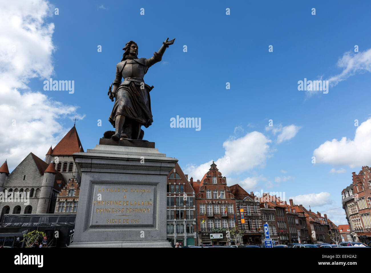 Grand Place of Tournai and the statue of Christine de Lalaing Stock Photo