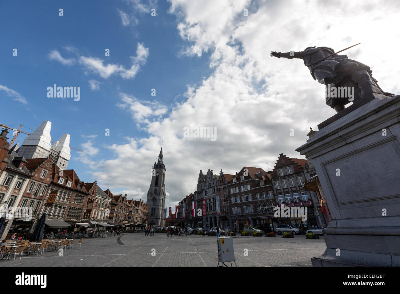Grand Place and Belfry of Tournai and the statue of Christine de Lalaing Stock Photo