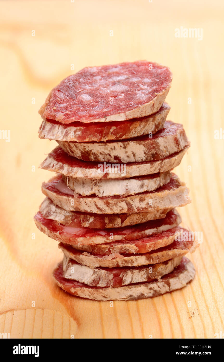 Sliced salami closeup shot Stock Photo Alamy