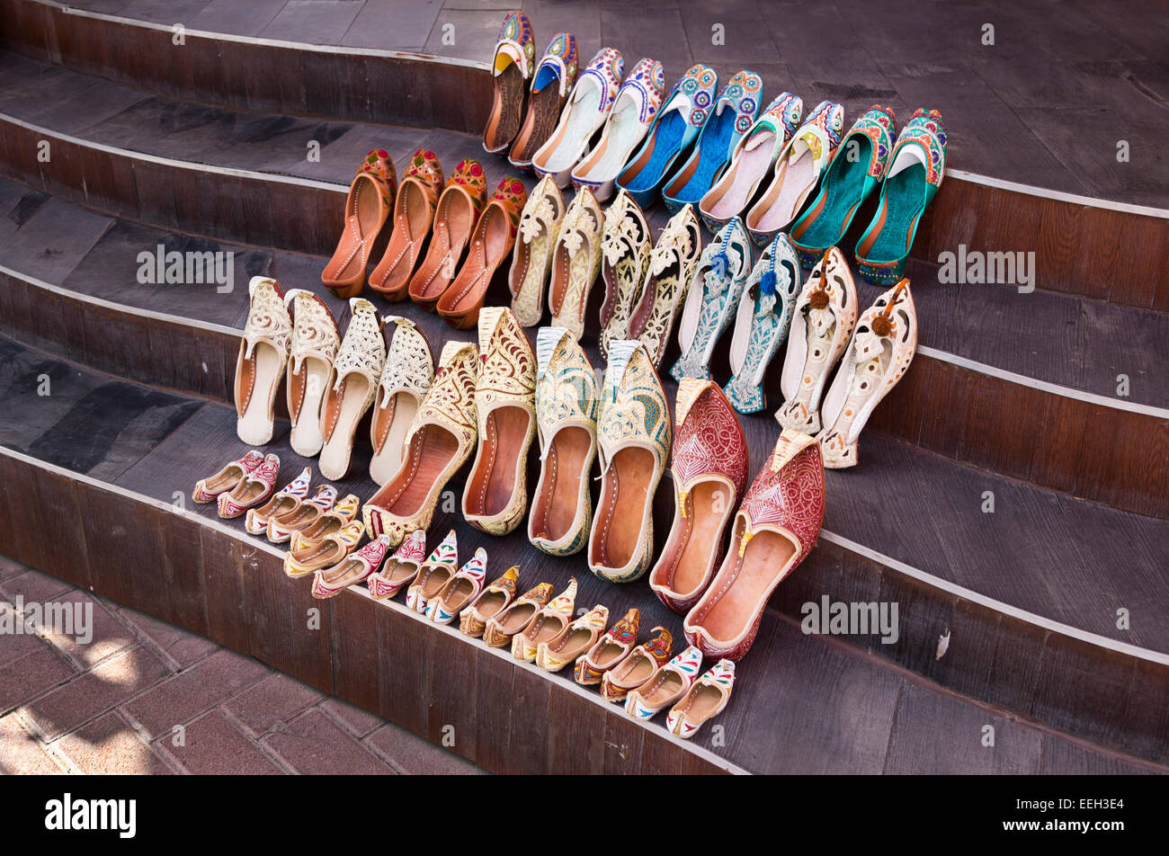 Shoes for sale on steps at Dubai Creek, Dubai, United Arab Emirates