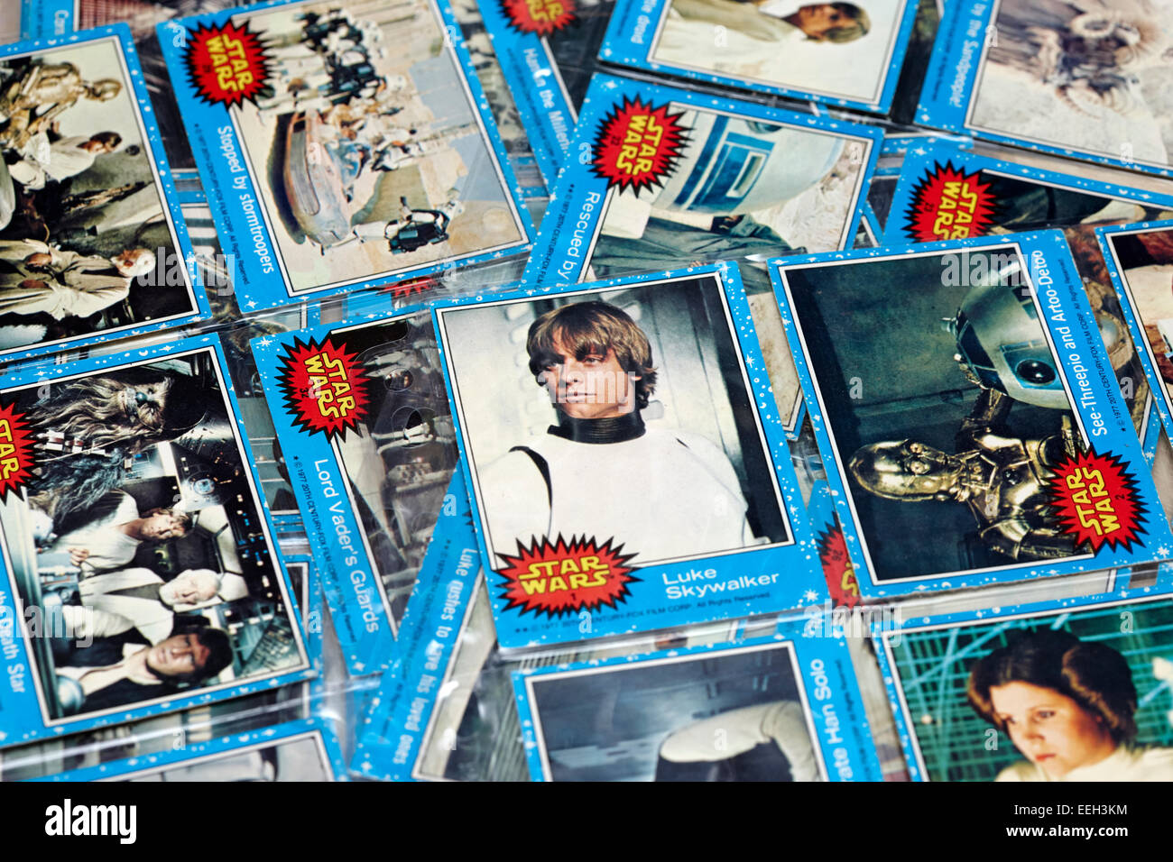 pile of old vintage 1977 original topps star wars trading cards Stock Photo