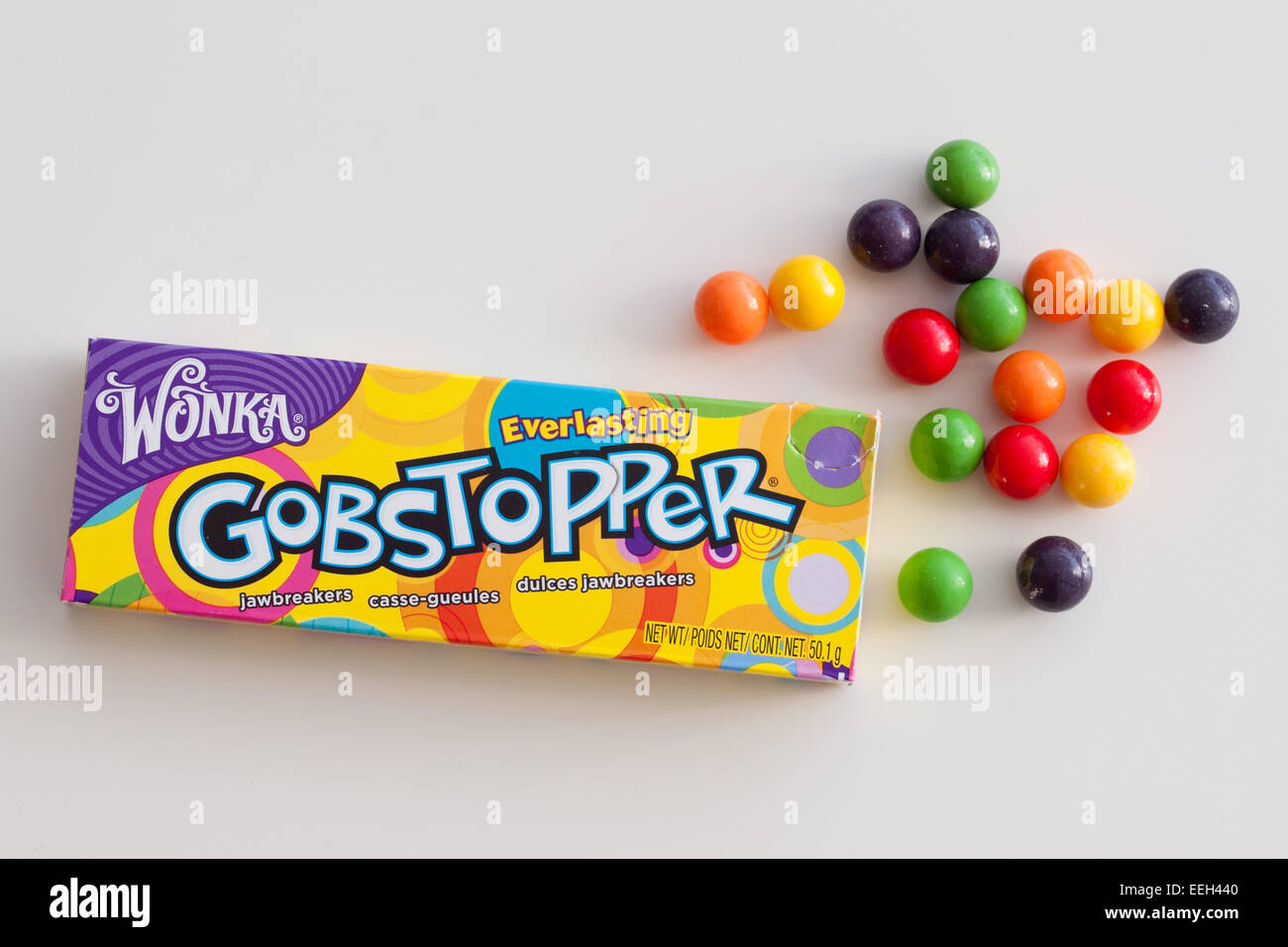 A box of Everlasting Gobstopper hard candy.  Manufactured by the Willy Wonka Candy Company, a  Nestlé brand. Stock Photo