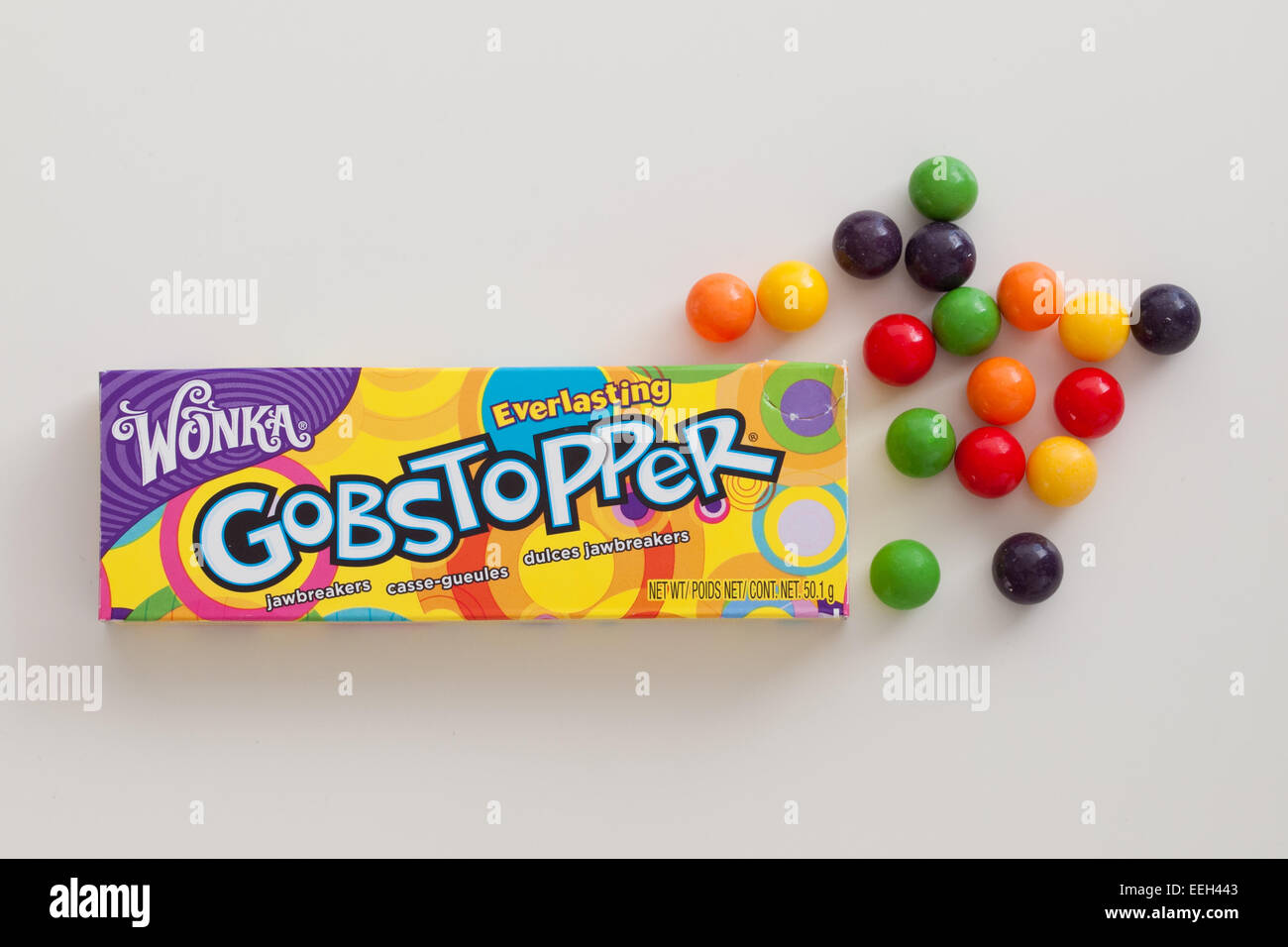A box of Everlasting Gobstopper hard candy.  Manufactured by the Willy Wonka Candy Company, a  Nestlé brand. Stock Photo