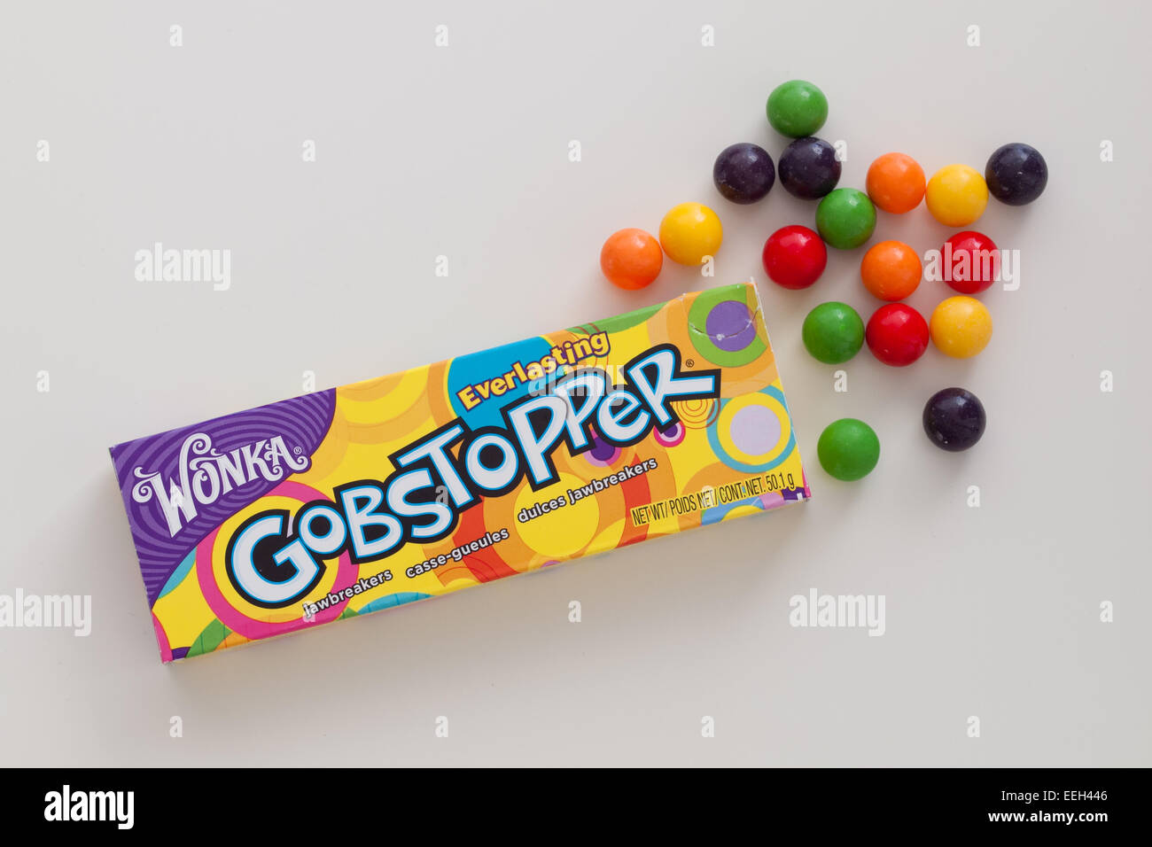 A box of Everlasting Gobstopper hard candy. Manufactured by the Willy Wonka Candy Company, a Nestlé brand. Stock Photo
