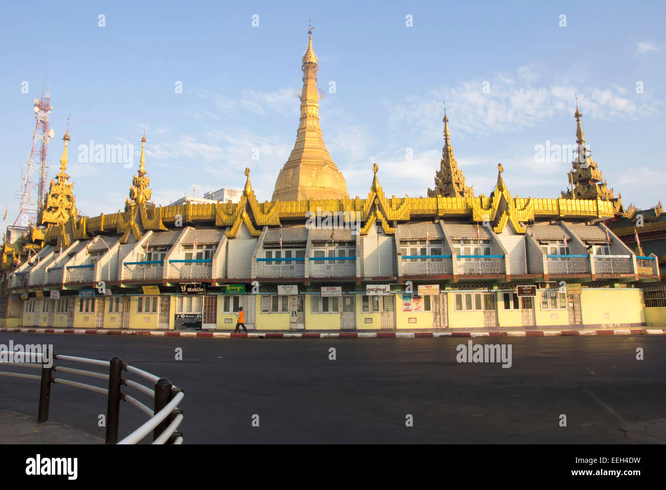 Yangon, Myanmar-May 8th 2014: Sule Pagoda bathed in early morning sunshine. The pagoda is considered to be the centre of Yangon Stock Photo