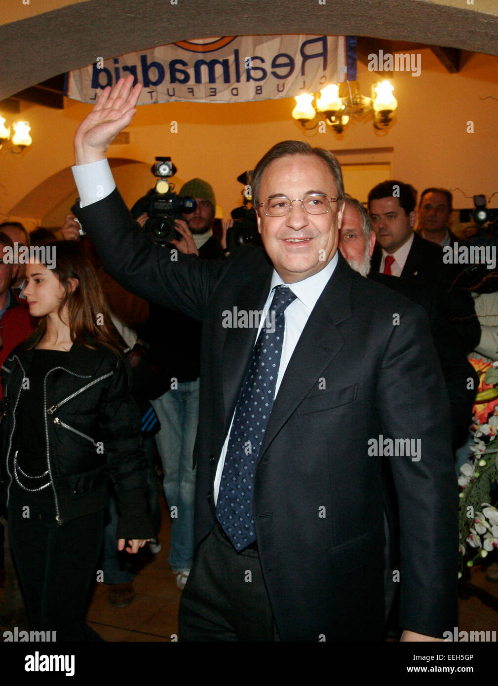 Real Madrid soccer team President and chairman Florentino Perez waves as he arrives to a supporters meet in Majorca. Stock Photo