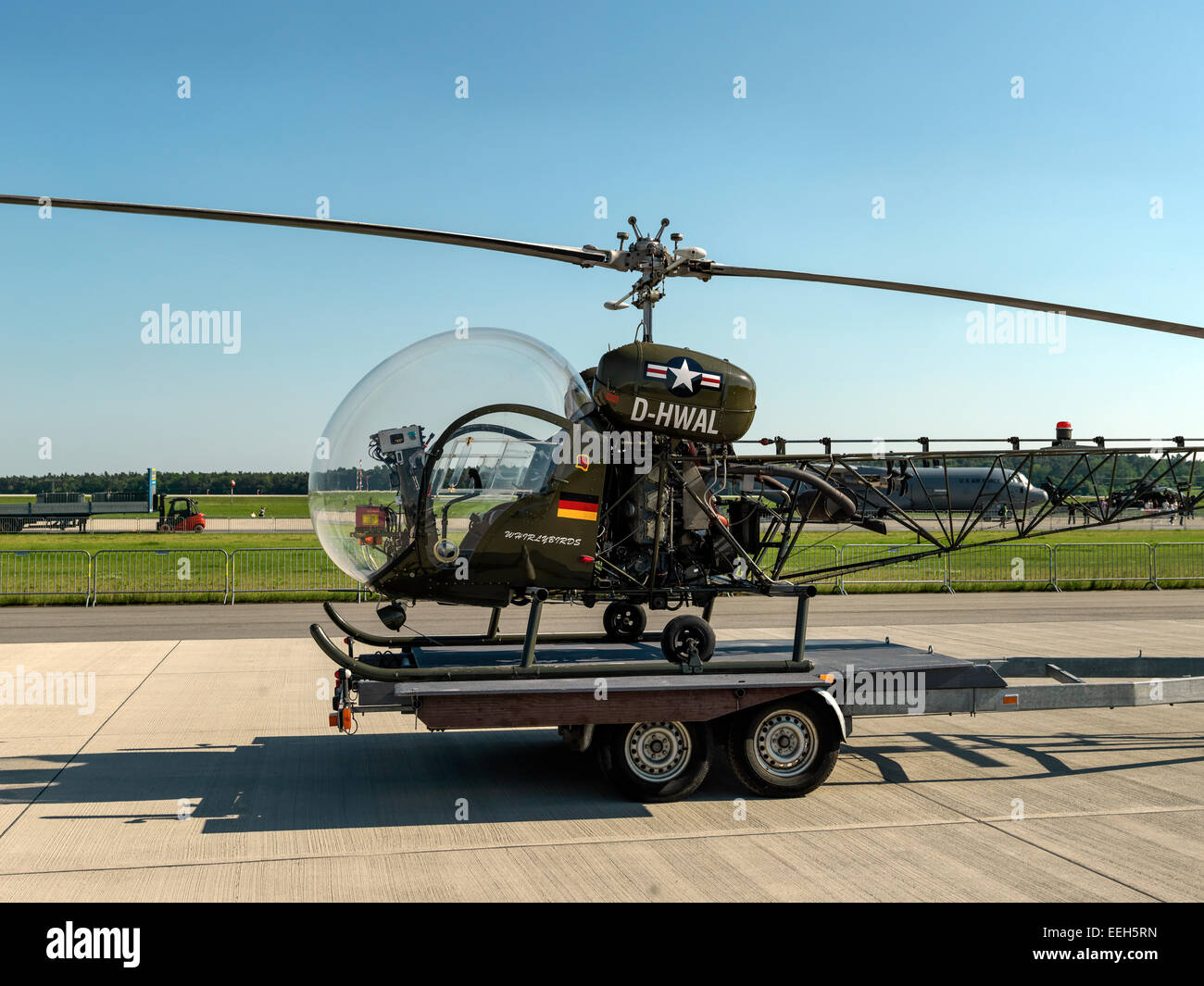 Agusta Bell 47 (Bell H-13 Sioux) vintage helicopter on trailer. Digital Hasselblad high resolution shot. Stock Photo