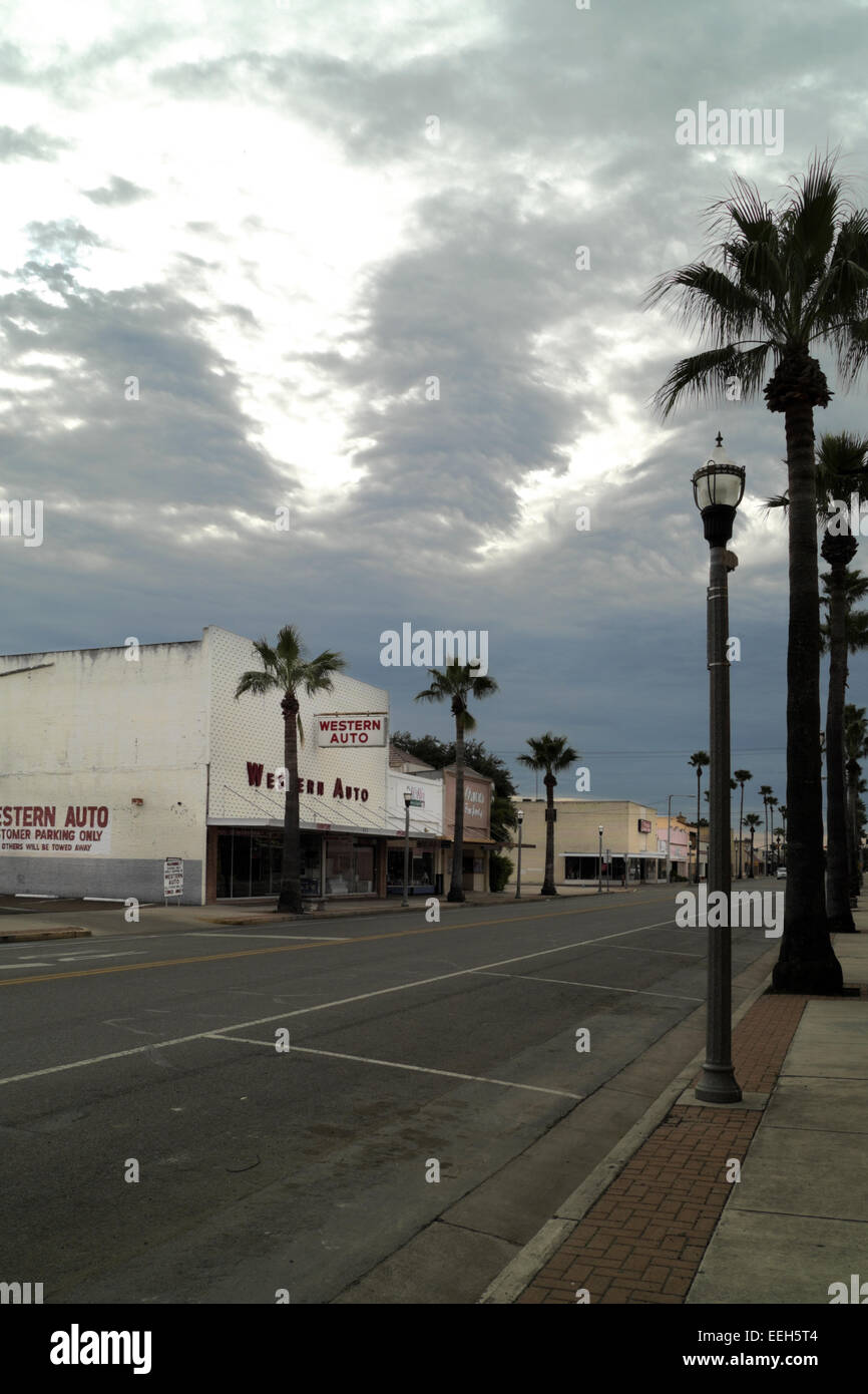 Downtown Weslaco, Texas on a cloudy, overcast, gray Sunday morning when most shops and stores are closed. Stock Photo