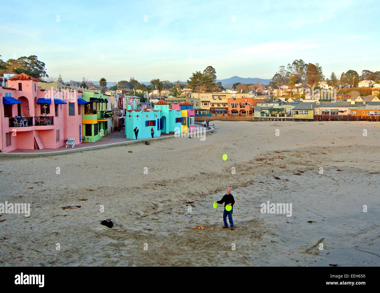 juggler practicing on beach in the seaside town of Capitola near Santa Cruz California Stock Photo