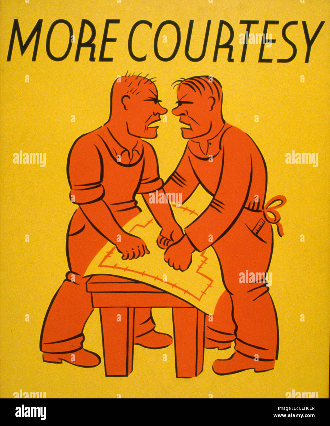 More courtesy - Poster promoting better interpersonal communications in the workplace, showing two men arguing, circa 1938 Stock Photo