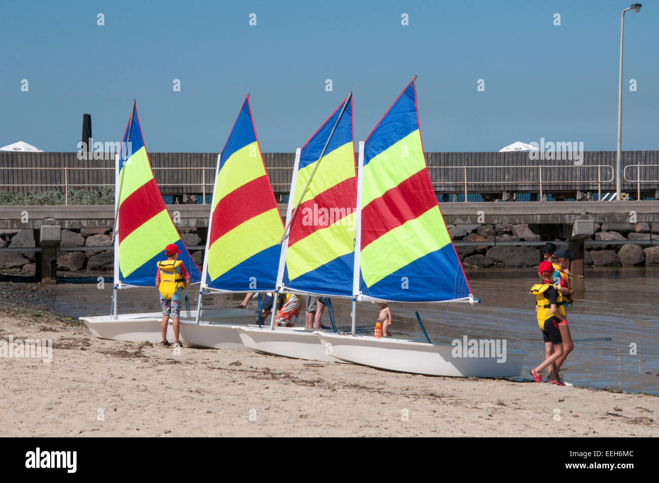 Sailing lessons at Brighton Beach on Port Phillip Bay, Melbourne Stock Photo