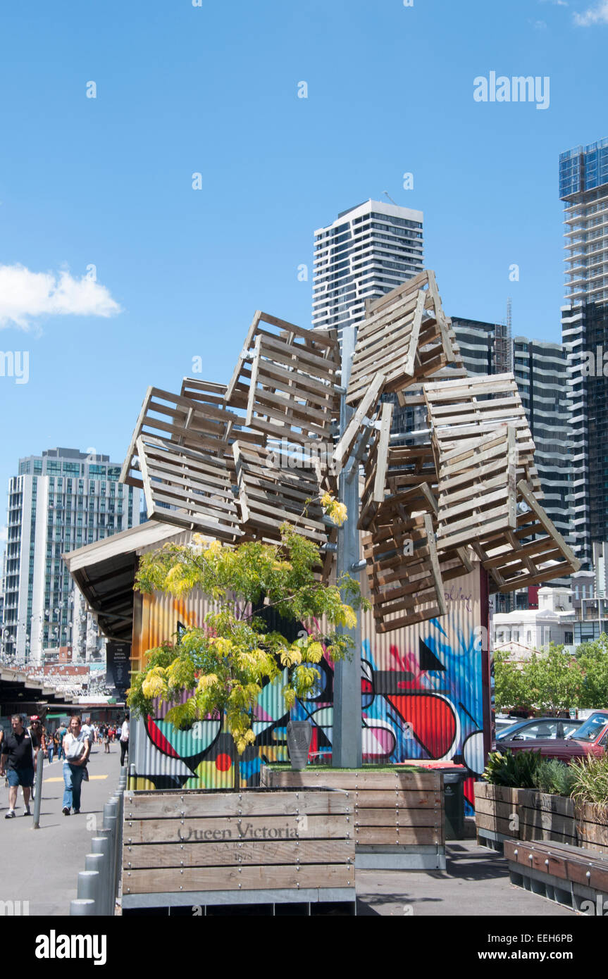 Pallet tree sculpture at Queen Victoria Market, Melbourne Stock Photo