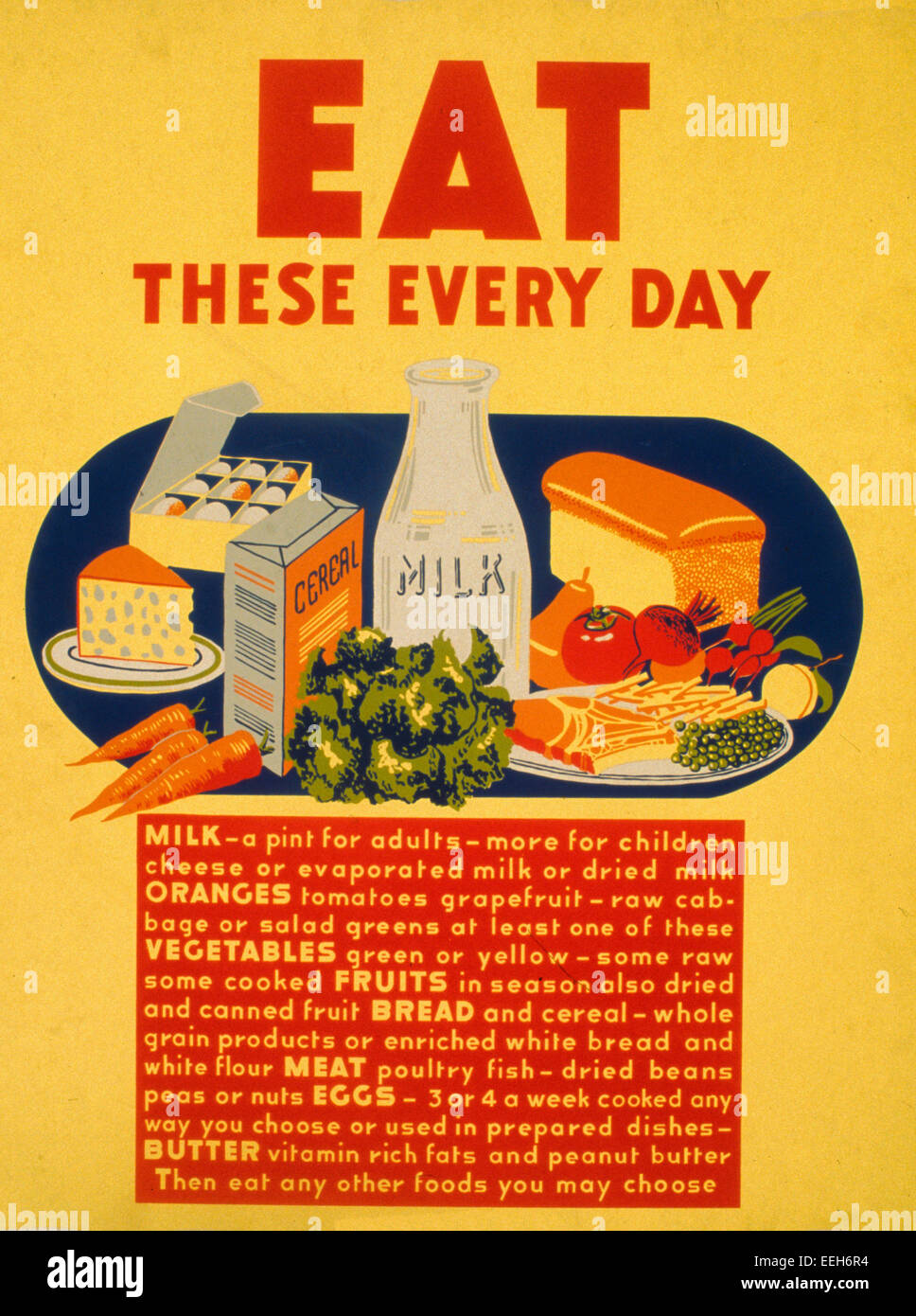 Eat these every day -  Poster promoting consumption of healthy foods, showing dairy products (milk, cheese), eggs, fruit, vegetables, bread and cereal, and meat, circa 1942 Stock Photo