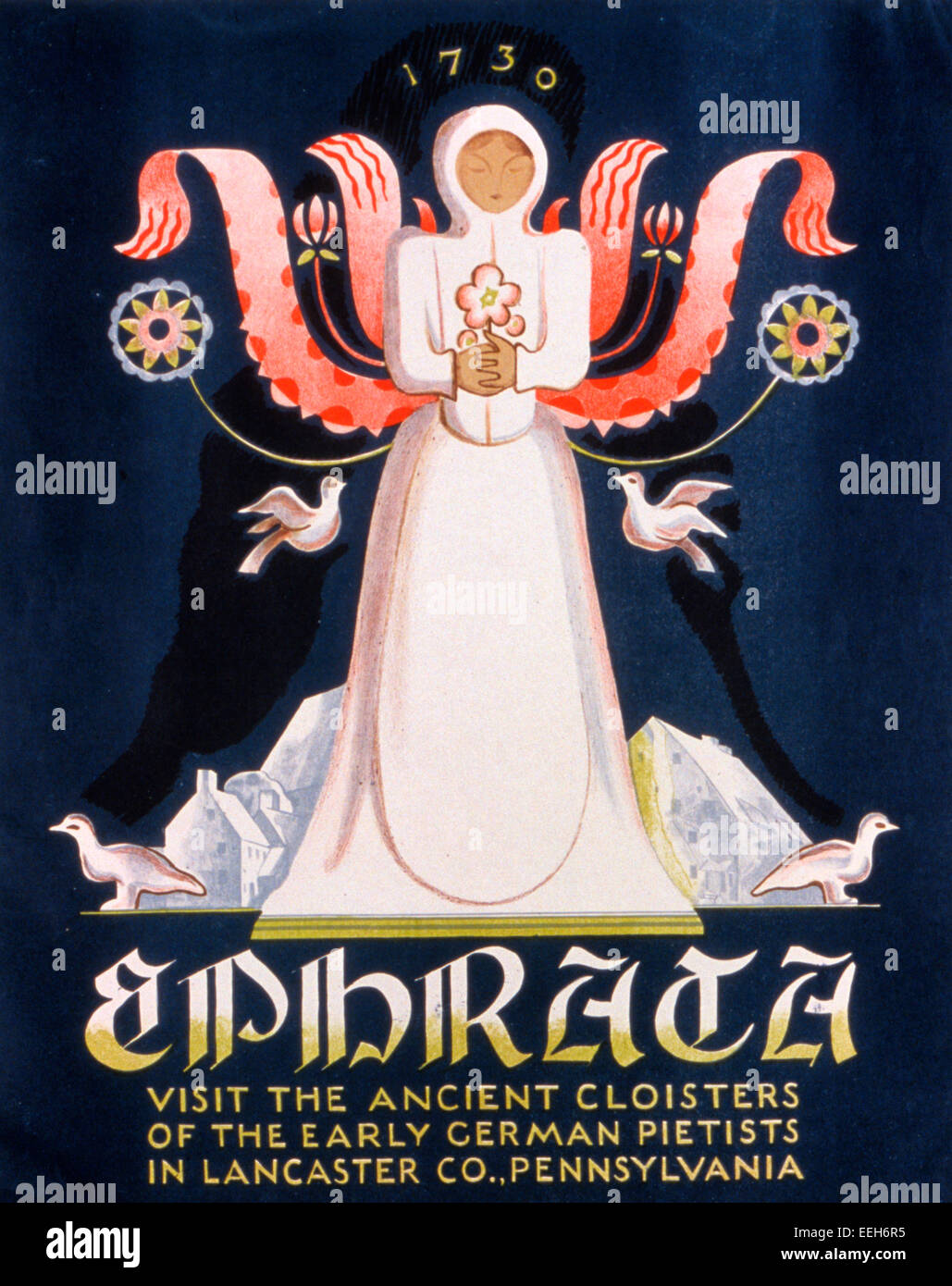 Ephrata Visit the ancient cloisters of the early German pietists in Lancaster County., Pennsylvania - Poster promoting the Ephrata Cloister, Lancaster County., Pennsylvania., showing a woman as an angel, circa 1938 Stock Photo