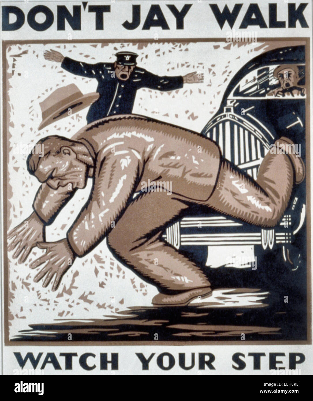 Don't jay walk Watch your step. Poster encouraging pedestrians to obey the laws, showing a man being hit by an automobile while crossing the street, a policeman stands in the background. Circa 1936 Stock Photo