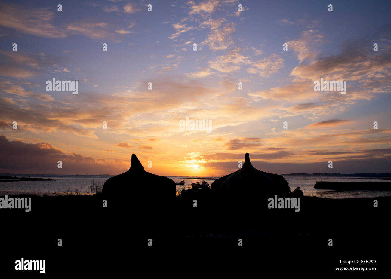 Herring boat sheds in the harbour at sunrise on Lindisfarne, Holy Island, Northumberland, England. Silhouette Stock Photo