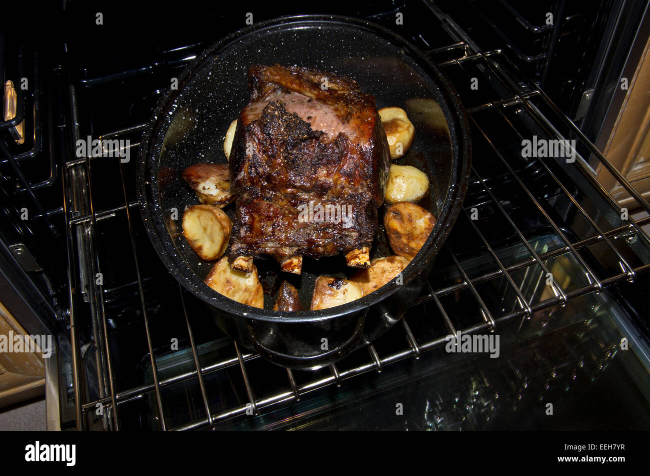 Prime Rib roast coming out of oven Stock Photo