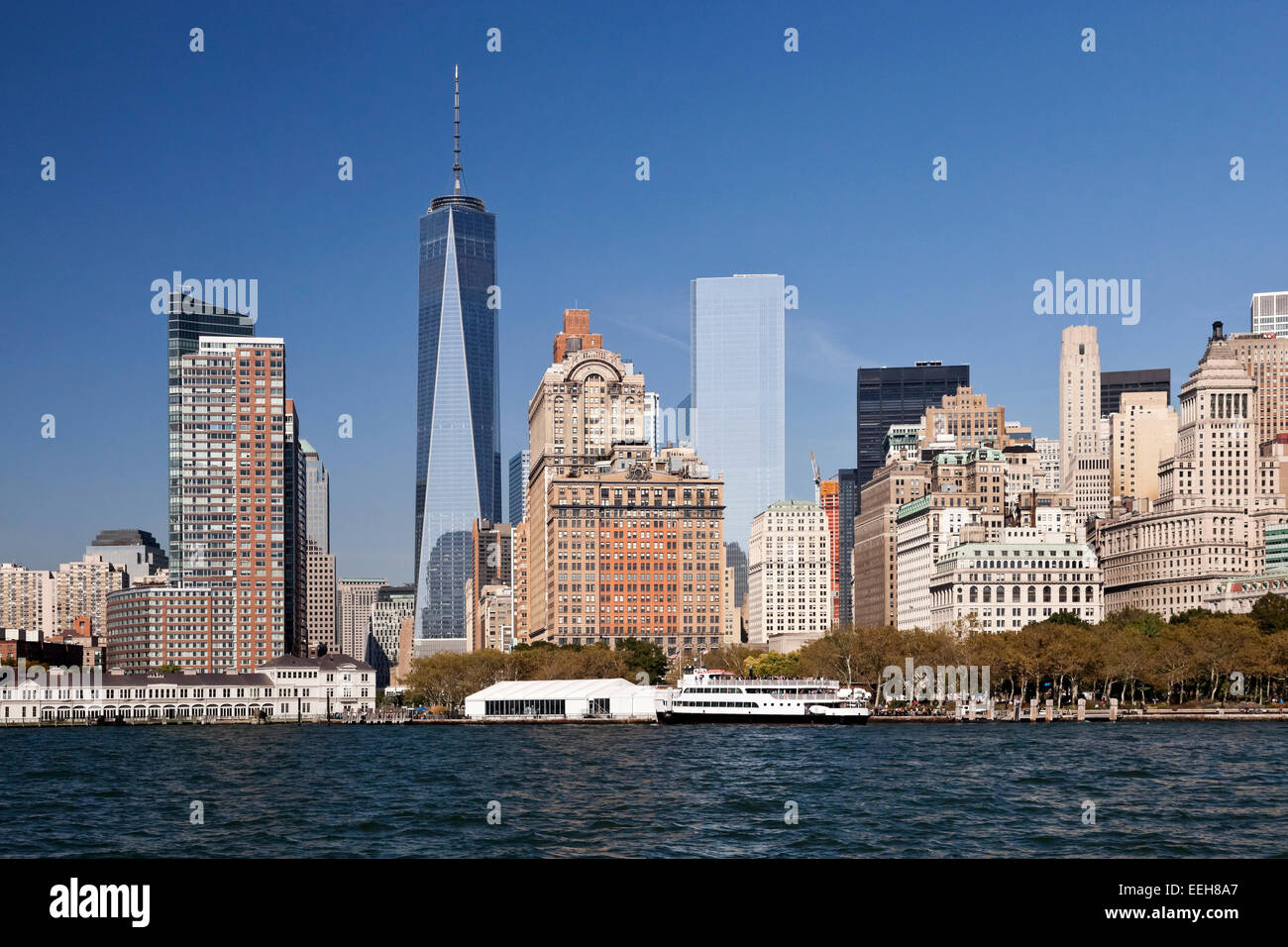 The New York City skyline at afternoon w the Freedom tower 2014 Stock Photo