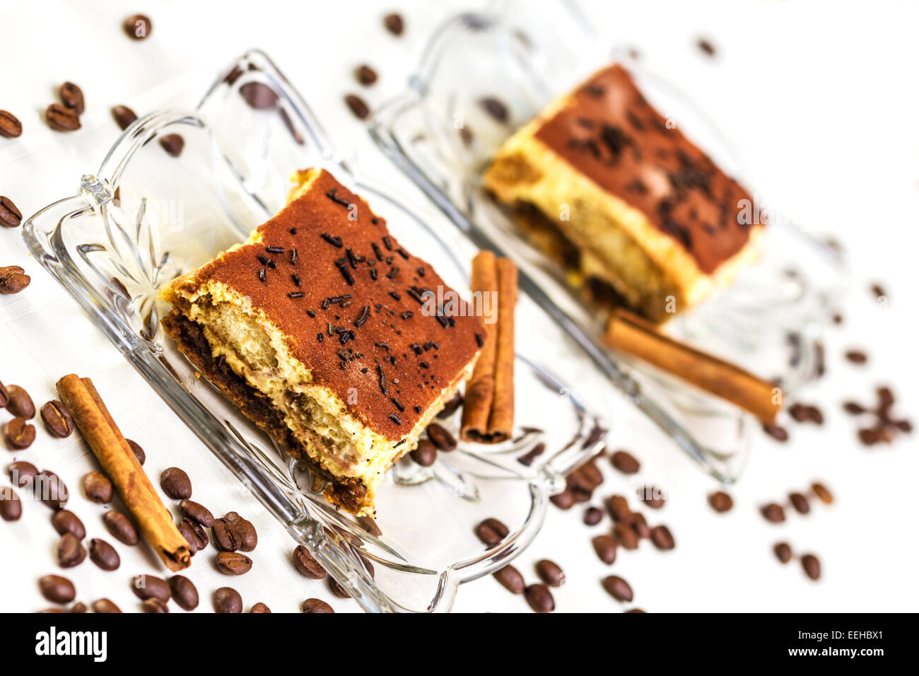 Tiramisu Cake with coffee beans and cinnamon Stock Photo
