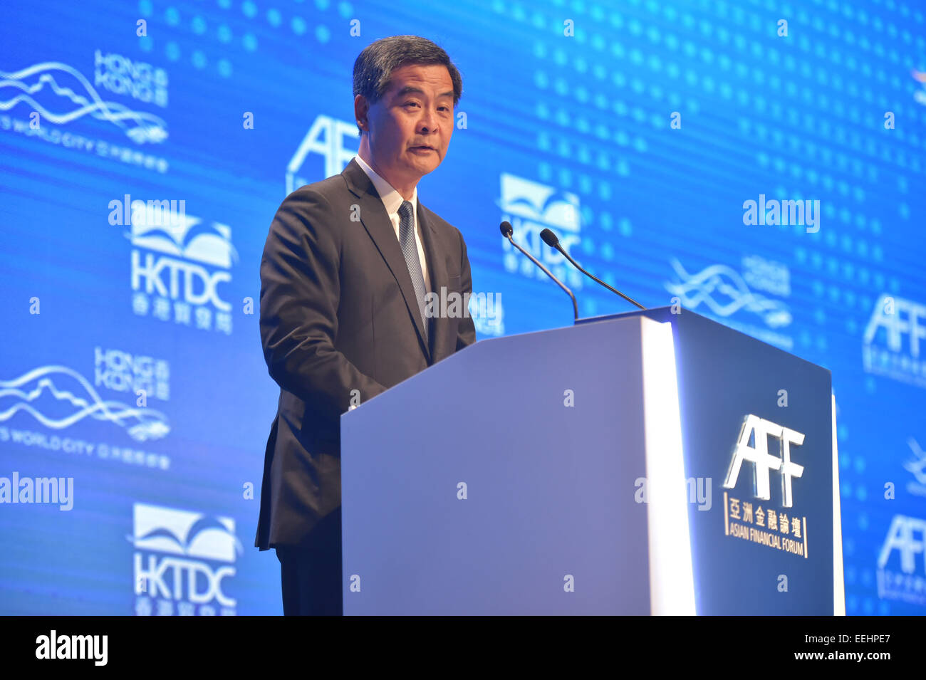 Hong Kong, China. 19th Jan, 2015. Hong Kong Chief Executive Leung Chun-ying addresses the 2015 Asian Financial Forum in Hong Kong, south China, Jan. 19, 2015. Credit:  Lui Siu Wai/Xinhua/Alamy Live News Stock Photo
