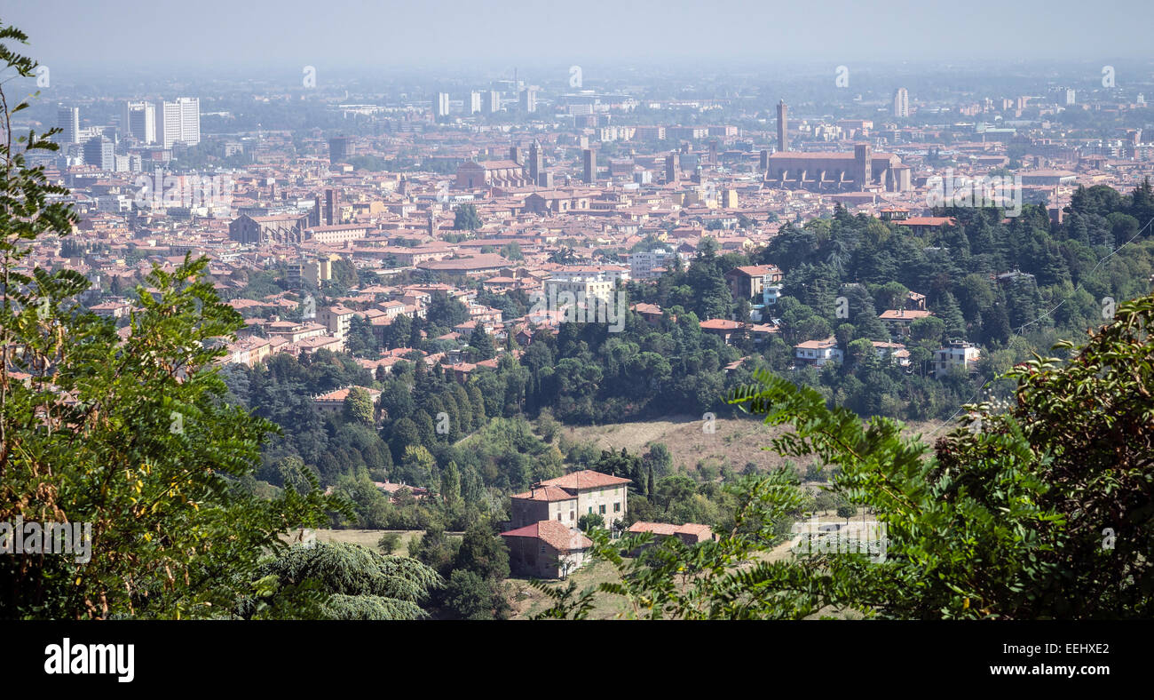 The city of Bologna, Italy, from the Portico di San Luca, on the way to the church of the Madonna di San Luca. Stock Photo