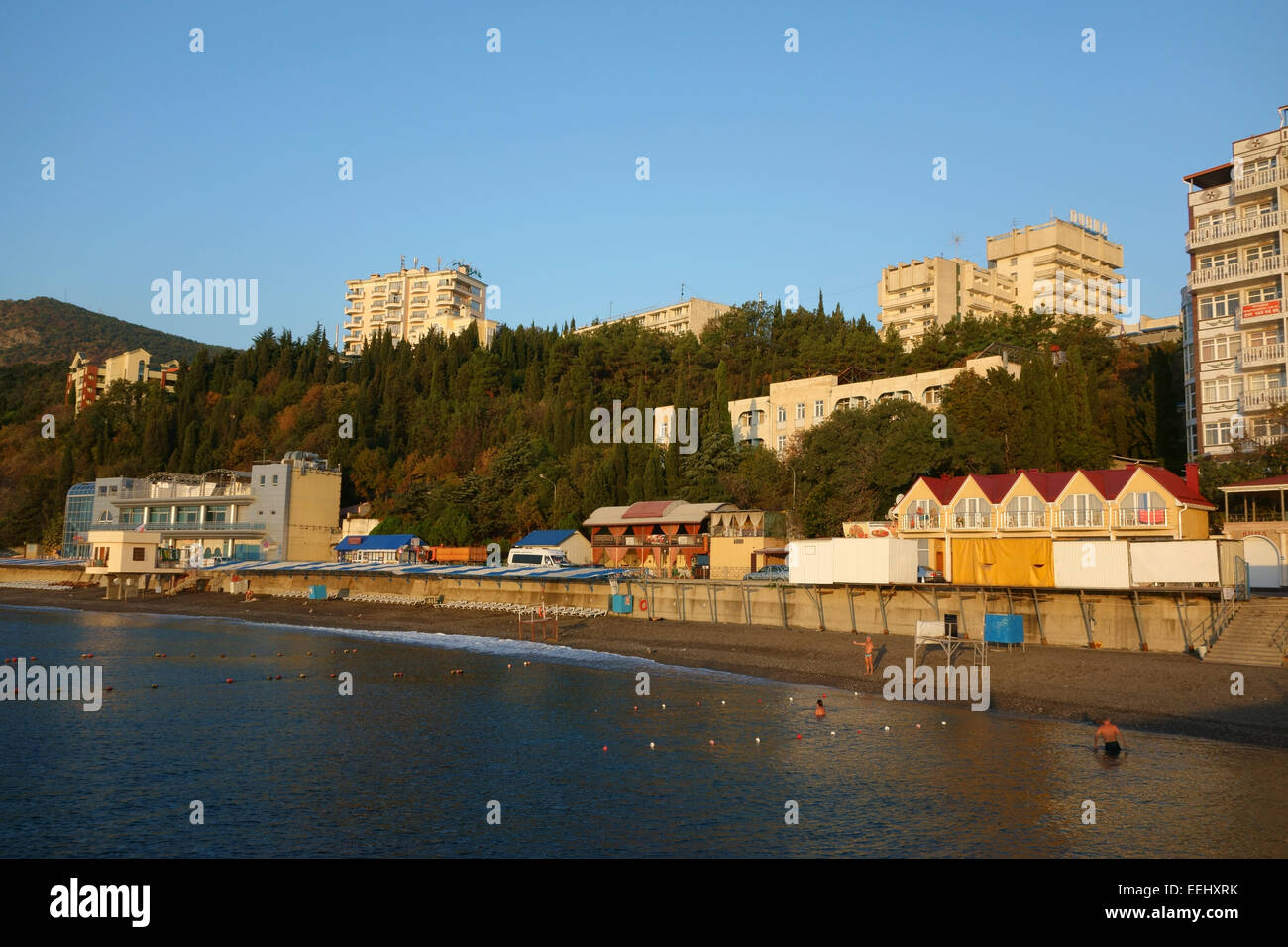 Public beach in the resort town of Alushta, Crimea, Russia Stock Photo