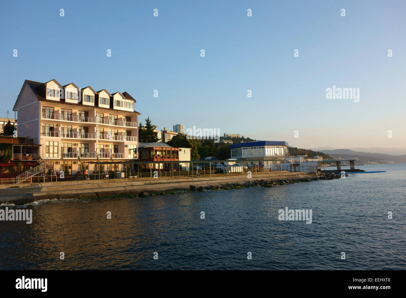 Waterfront hotel in the resort town of Alushta, Crimea, Russia Stock Photo