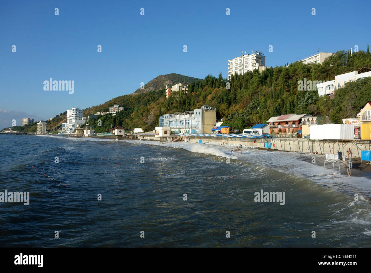 Public beach in the resort town of Alushta, Crimea, Russia Stock Photo