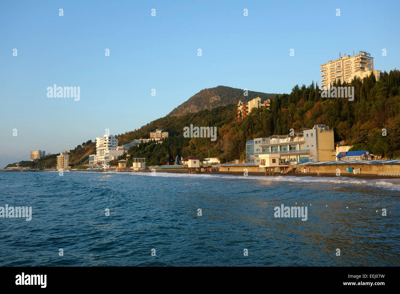 Public beach in the resort town of Alushta, Crimea, Russia Stock Photo