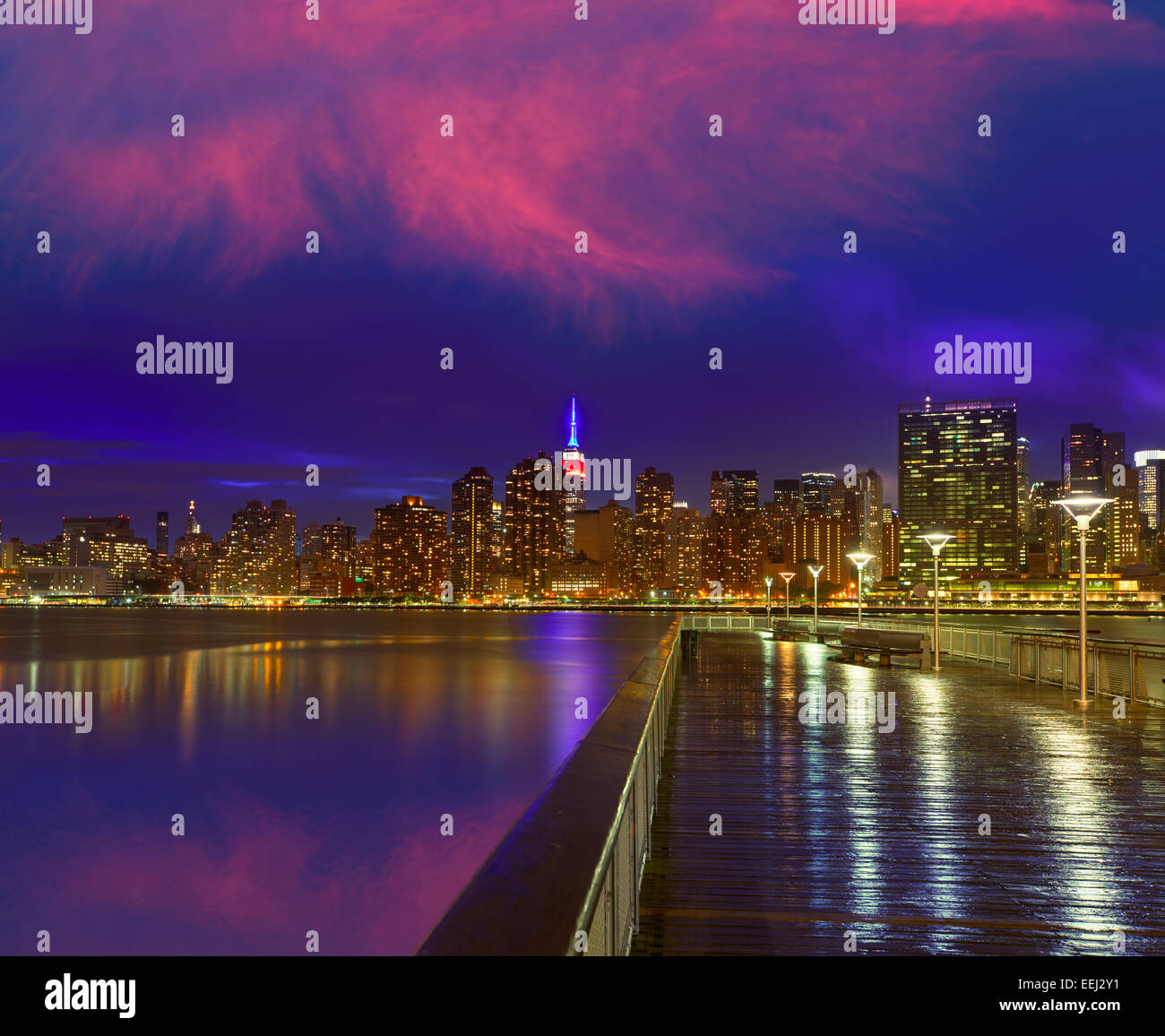 Manhattan New York skyline at sunset rainy dusk from East River NYC USA ...