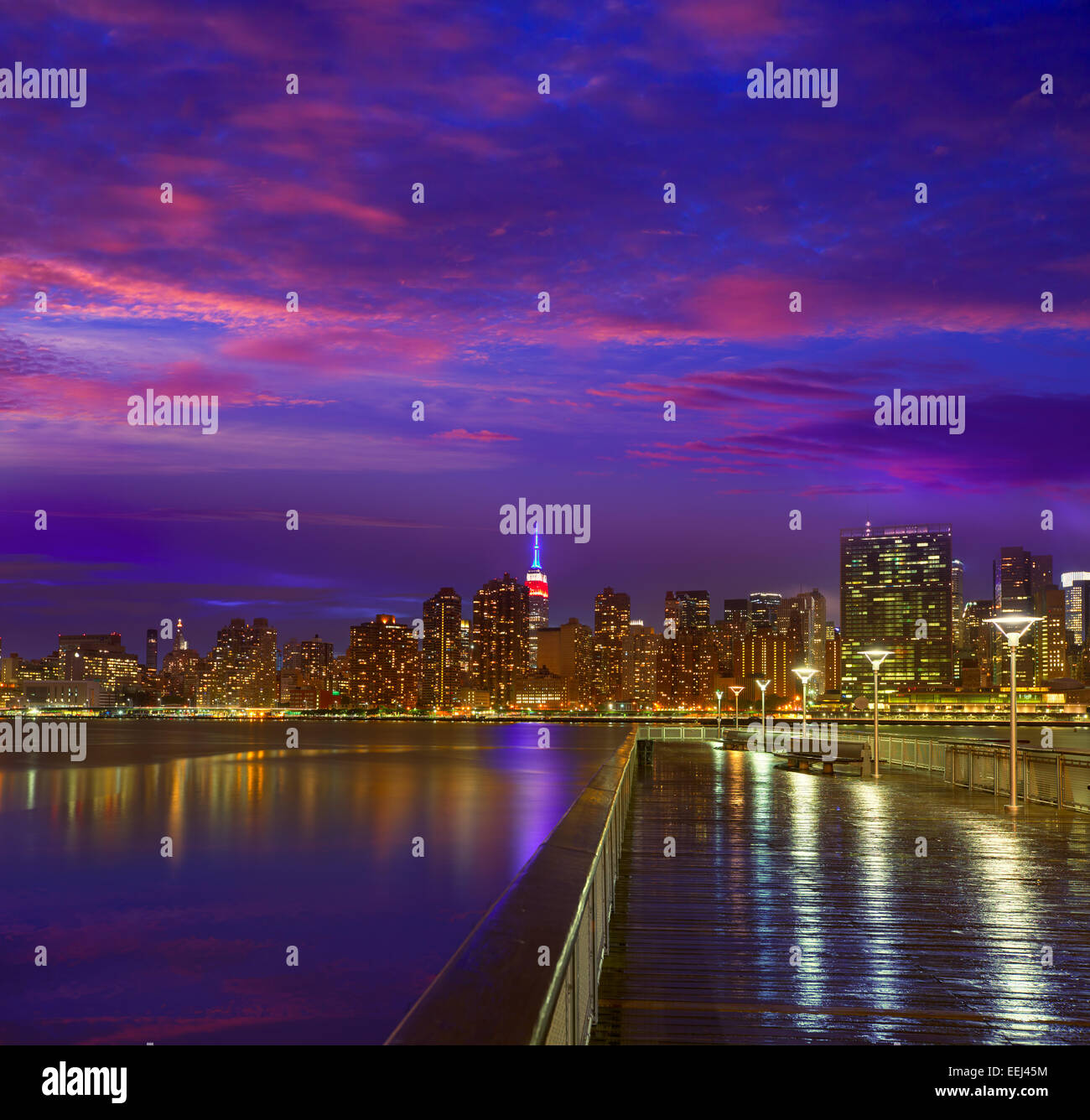 Manhattan New York skyline at sunset rainy dusk from East River NYC USA ...
