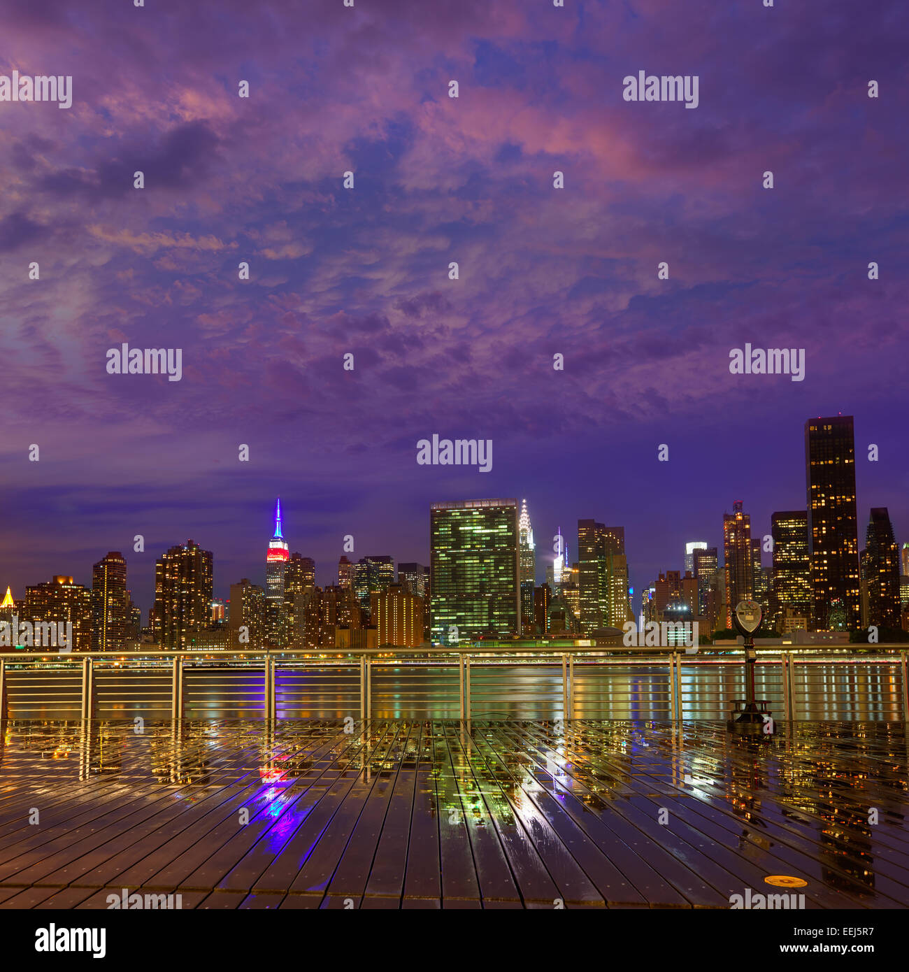 Manhattan New York skyline at sunset rainy dusk from East River NYC USA ...
