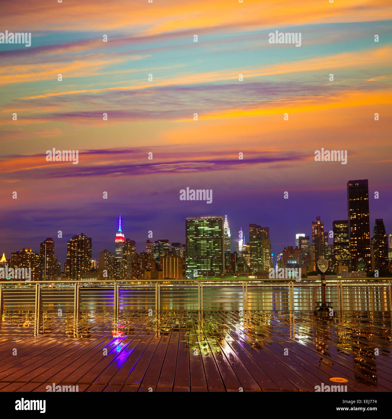 Manhattan New York skyline at sunset rainy dusk from East River NYC USA ...