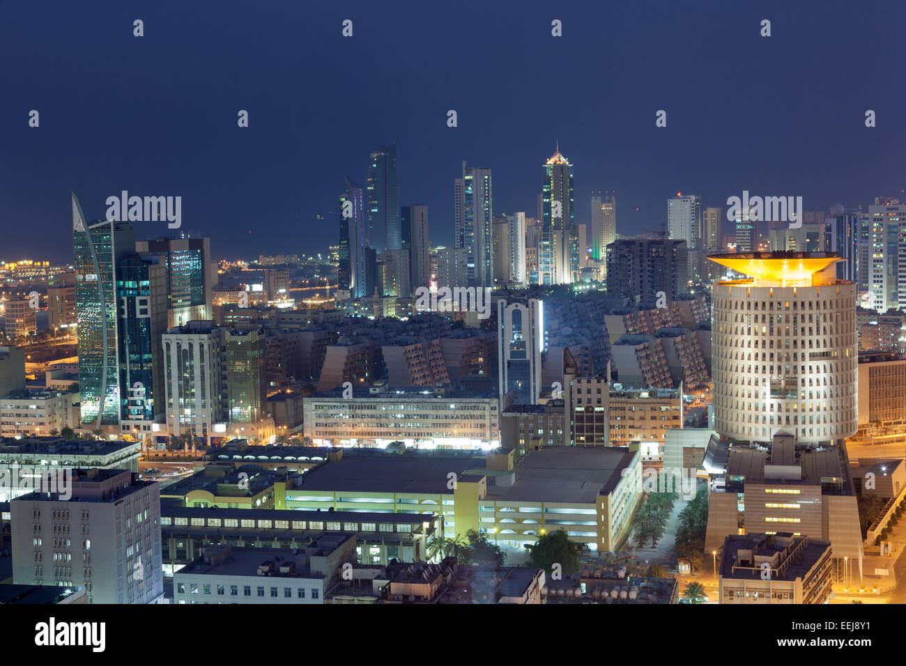 View of Kuwait City at night, Middle East Stock Photo