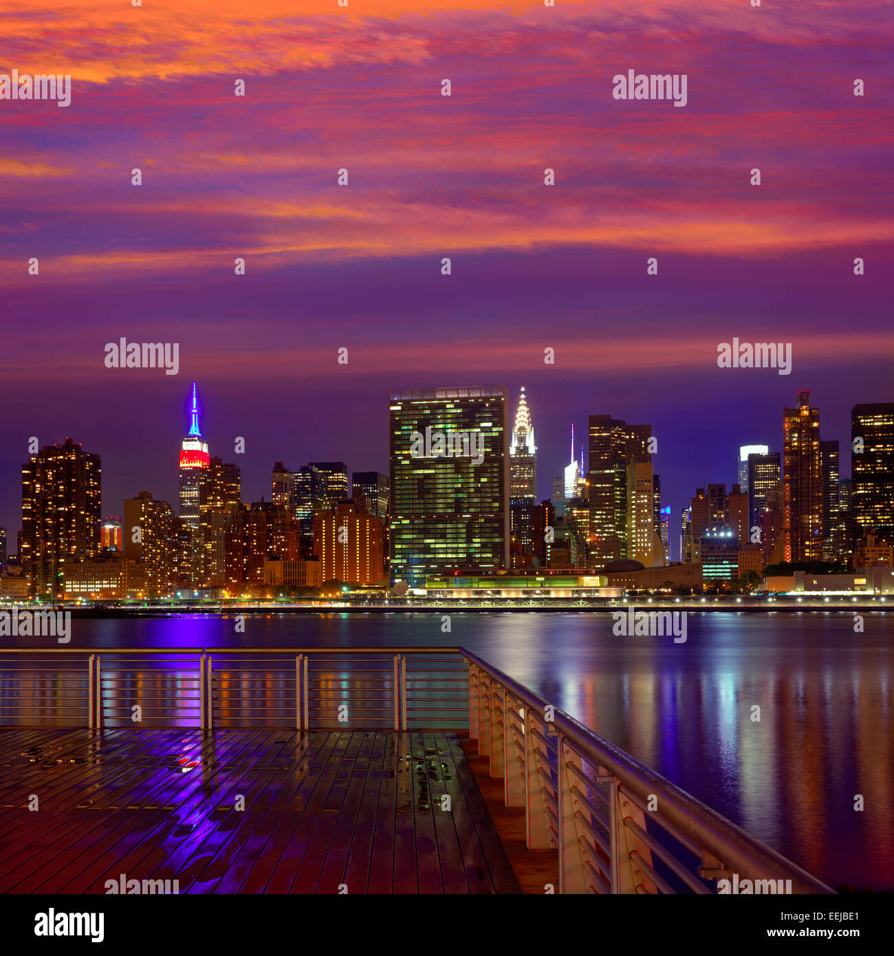 Manhattan New York skyline at sunset rainy dusk from East River NYC USA ...