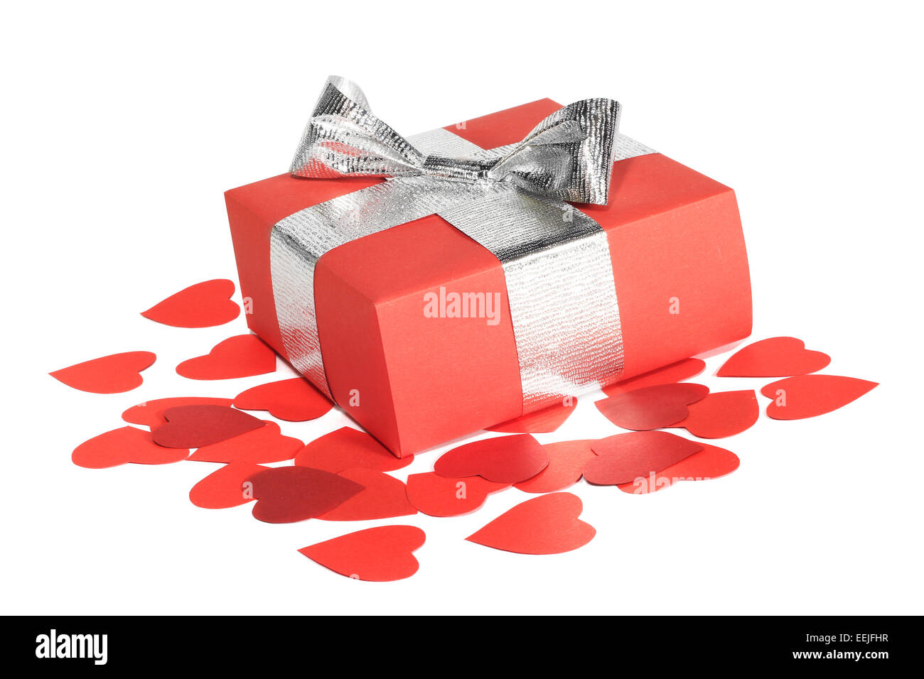Valentines Day gift in red box and small hearts isolated on white Stock ...