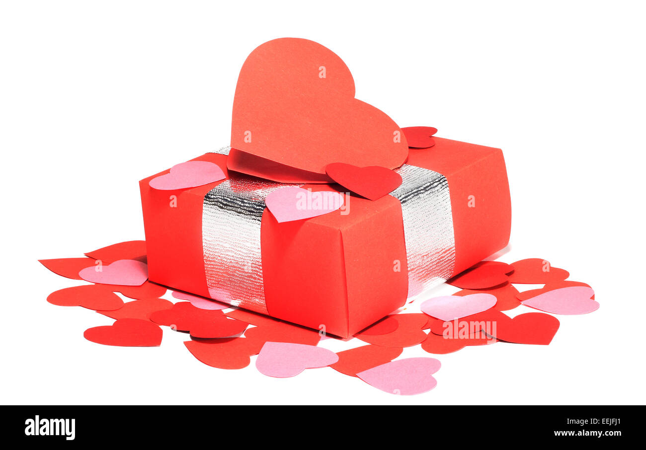 Valentines Day gift in red box and heart shaped card isolated on white