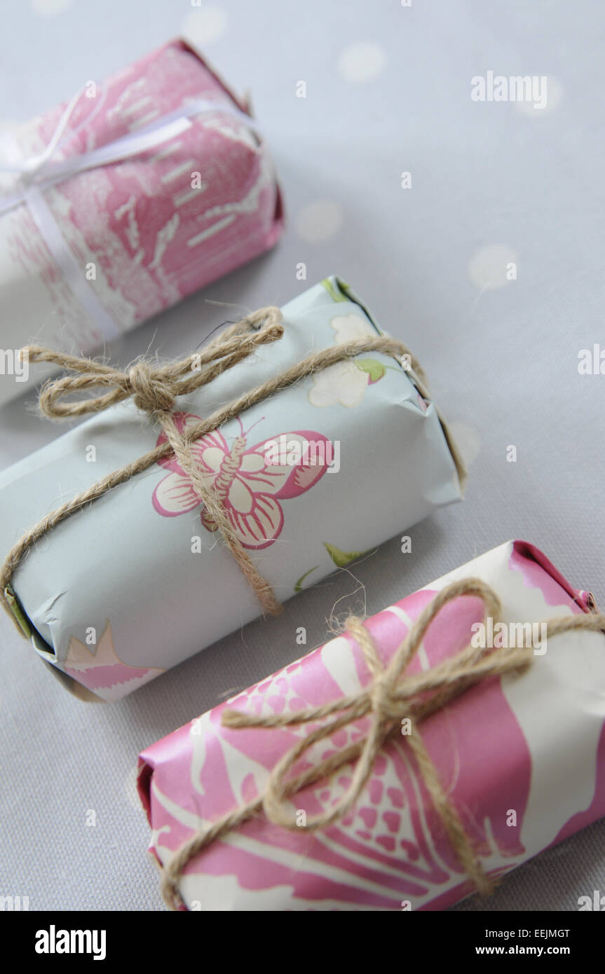 three pretty vintage style gifts Stock Photo
