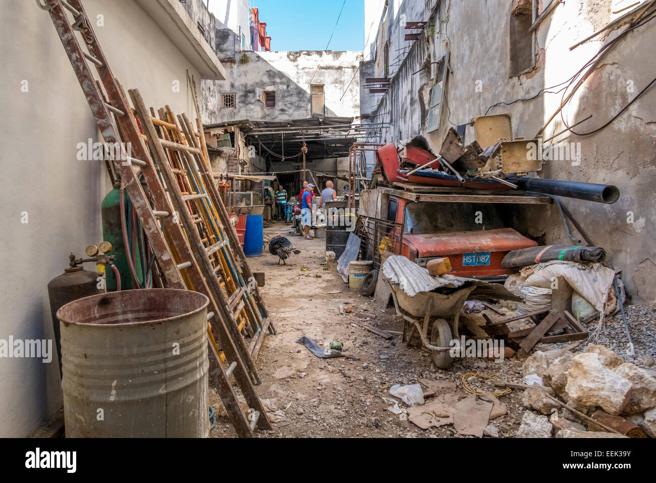 Builders yard located between two buildings in central Havana, Cuba